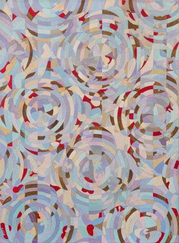 Kolorowa abstrakcja malarska wykorzystująca geometryczne wzory przypominające pąki róż.