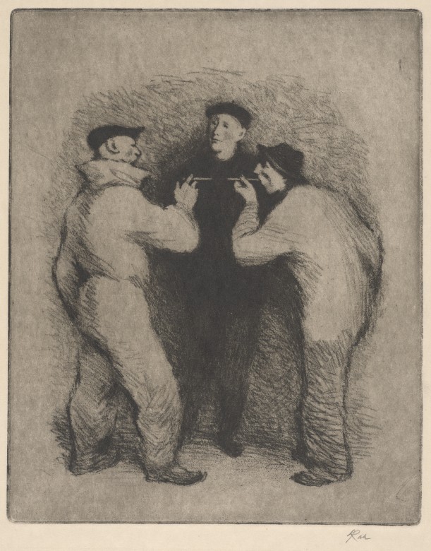Czarno-biała grafika w formacie pionowego prostokąta. Nieco uproszczony wizerunek trzech mężczyzn w ujęciu całopostaciowym. Prawdopodobnie rozmawiają ze sobą. Mężczyzna pośrodku w czarnym ubraniu stoi en face. Dwaj po jego bokach ujęci z profilu, mają jasn