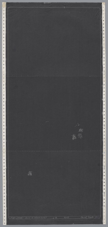 Czarno-biała grafika w formacie pionowego prostokąta, wąskiego i wysokiego. Na ciemnym tle, około połowy wysokości z prawej strony, malutkie jasne kształty trzech much. Kolejna mucha niżej, bliżej lewej krawędzi. Boczne krawędzie grafiki perforowane małymi
