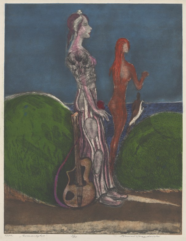 Barwna grafika, format pionowego prostokąta. Pośrodku uproszczona postać kobiety z prawego profilu. Ma brązowawe włosy, półprzymknięte oczy i jasną suknię do ziemi, stopy bose. W dłoni trzyma czerwony kwiat. Za jej nogami na ziemi jasnobrązowa gitara. Zza 