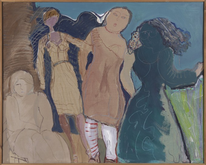 Obraz w formacie poziomego prostokąta. Przedstawia cztery uproszczone, konturowe postacie kobiece w abstrakcyjnej brązowo-niebieskiej przestrzeni. W lewym dolnym rogu siedzi kobieta pomalowana na jasny beż - wygląda jak rysunek na papierze. Obok stoi szczu