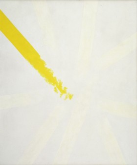 Żółty pas, jakby promień, namalowany od środka obrazu do lewego górnego rogu. Spod jasnoszarej farby delikatnie prześwituje osiem innych promieni, które razem z żółtym promieniem tworzą kształt gwiazdy. 