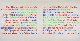 Obraz na surowym płótnie. Po lewej stronie kompozycji wypisane polskie słowa w jedenastu wersach. Po prawej stronie, także w jedenastu wersach, słowa niemieckie. W obu przypadkach są to hasła związane ze Starym Testamentem, którym przyporządkowano różne ko