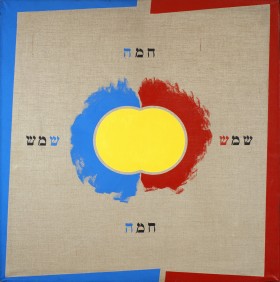 Na surowym płótnie, w centrum kompozycji słońce – żółta plama złożona z dwóch nachodzących na siebie kół, otoczona z lewej strony niebieskim podmalunkiem, z prawej – czerwonym. W tych samych kolorach namalowana rama: z lewej strony niebieska, z prawej – cz