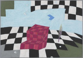 Rysunek pastelami na kartonie, format poziomego prostokąta. Abstrakcyjna, zgeometryzowana przestrzeń z czarno-białą szachownicą w dolnej i górnej części. Między obiema jasnobłękitne tło, jakby niebo z dwoma małymi białymi księżycami. Na dolnej szachownicy 