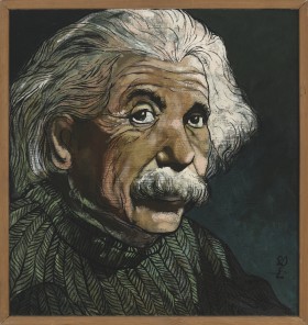 Obraz w formacie zbliżonym do kwadratu. Portret Alberta Einsteina w uproszczonym stylu, z wyraźnymi konturami. Popiersie starszego mężczyzny w ujęciu 3/4. Mężczyzna ma półdługie siwe włosy odgarnięte za prawe ucho, siwe wąsy i ciemne oczy patrzące nieco do