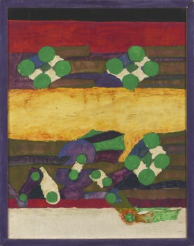 Abstrakcyjny obraz o żywej kolorystyce w formacie pionowego prostokąta. Poziome pasy w kolorach czerwieni, fioletu, żółci, brązu i przybrudzonej bieli. Na nich kilka zielonych kształtów zbliżonych do kół.