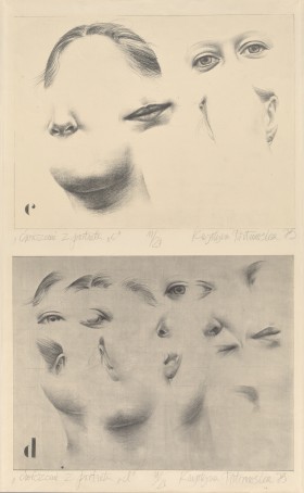 Czarno-biała grafika, format pionowego prostokąta. Na kartce dwie kompozycje, jedna nad drugą - wycinki z realistycznego portretu kobiety. Na górnym fragmenty twarzy ułożone jakby w rozsypance: po lewej stronie na górze czoło z linią włosów, po prawej oczy