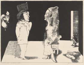 Czarno-biała grafika, format poziomego prostokąta. W pomieszczeniu naprzeciwko siebie stoją dwie postacie z profilu: z lewej mężczyzna w dużym cylindrze trzymający za plecami laskę, z prawej kobieta jakby osłonięta przezroczystą tkaniną. Tło za nimi czarne