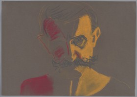 Rysunek pastelami na brązowym papierze, format poziomego prostokąta. Uproszczone, ekspresyjnie opracowane popiersie szczupłego mężczyzny o sumiastych wąsach. Prawa część jego twarzy ukryta jest w czerwonym cieniu, lewą oświetla pomarańczowe światło.