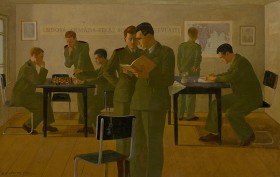 Zdjęcie pracy Ladislav Guderna, "Soldiers in the Club-Room", 1952, oil on plywood, 94 × 149.3 cm, courtesy of Slovak National Gallery, Bratislava